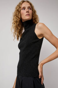 Modern Weaving Cashmere Mock Collar Rib Top in Black Melange